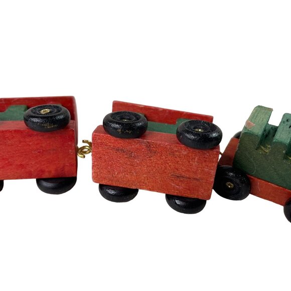 Vintage Mini Wood Train Handmade Painted Red Green Connect 3 Pieces u - Picture 7 of 7